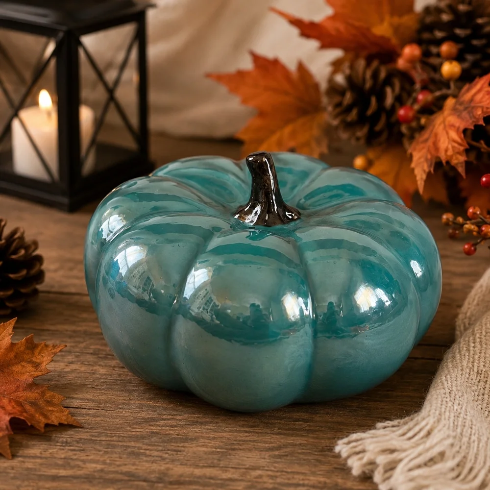 Hobby Lobby Teal Green Ceramic Pumpkin Fall Decor 2018 6.2x3.8in EXC